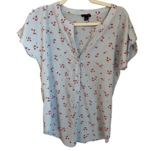 Ann Taylor Womens XS Light Blue Red Floral Print Flutter Sleeve Blouse Career